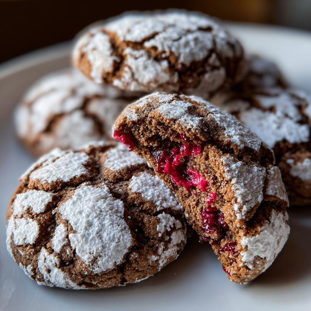 Nahaufnahme von Perfekte Himbeer-Crinkle-Kekse, aufgeschnitten mit leuchtend roter Himbeerfüllung und Puderzucker-Rissen.