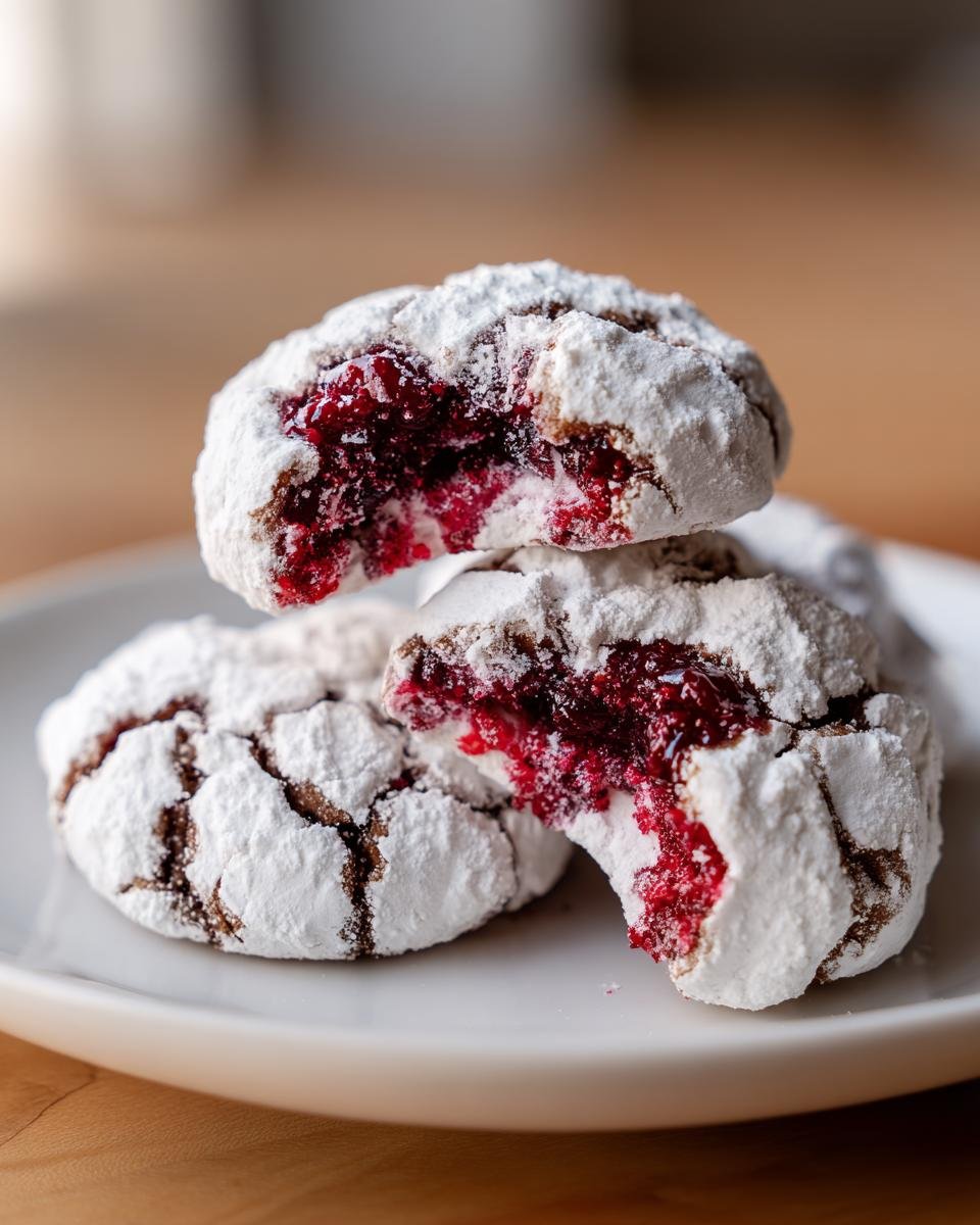 Nahaufnahme von zerbrochenen Perfekte Himbeer-Crinkle-Kekse, die mit Puderzucker bedeckt sind und eine leuchtend rote Himbeerfüllung zeigen.