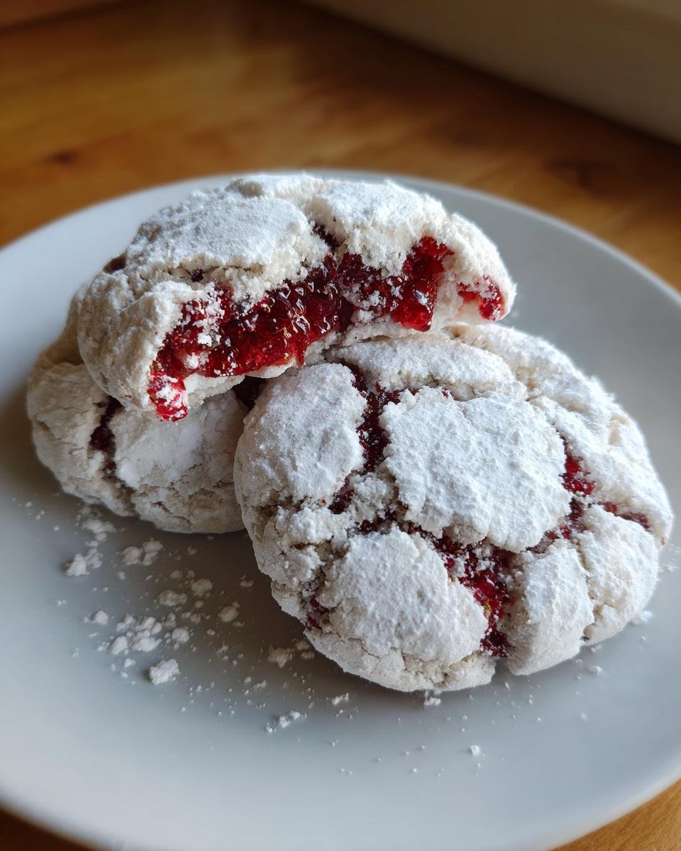 Nahaufnahme von drei Perfekte Himbeer-Crinkle-Kekse, dick mit Puderzucker bedeckt, einer ist aufgeschnitten und zeigt die rote Himbeerfüllung.