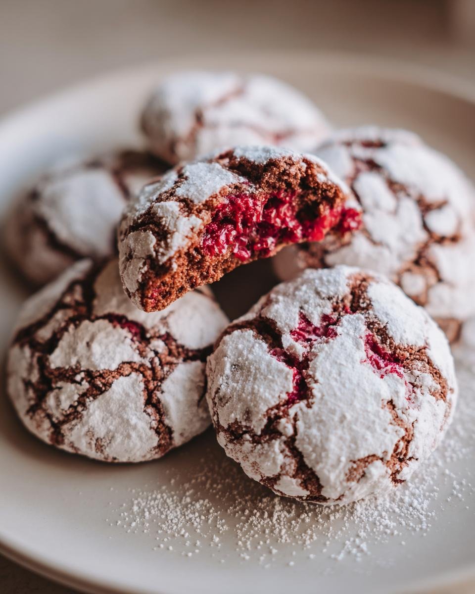 Nahaufnahme von Perfekte Himbeer-Crinkle-Kekse, die mit Puderzucker bedeckt sind und einen saftigen roten Kern zeigen.