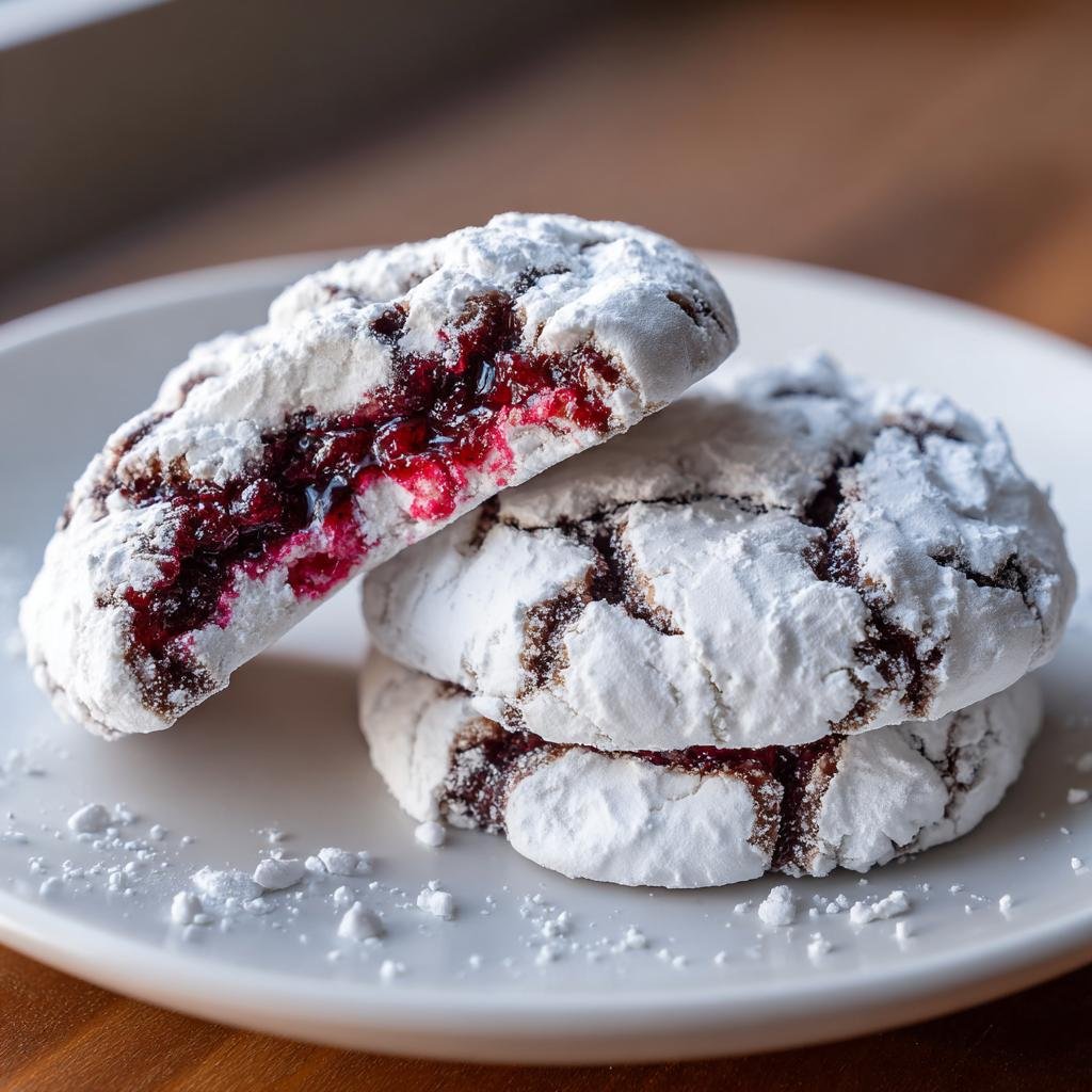 Nahaufnahme von drei Perfekte Himbeer-Crinkle-Kekse, einer davon halbiert, um die rote Himbeerfüllung zu zeigen.