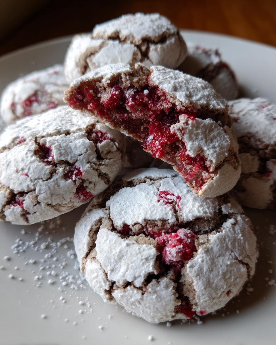 Nahaufnahme von Perfekte Himbeer-Crinkle-Kekse, außen mit Puderzucker bedeckt und innen mit leuchtend roter Himbeerfüllung.