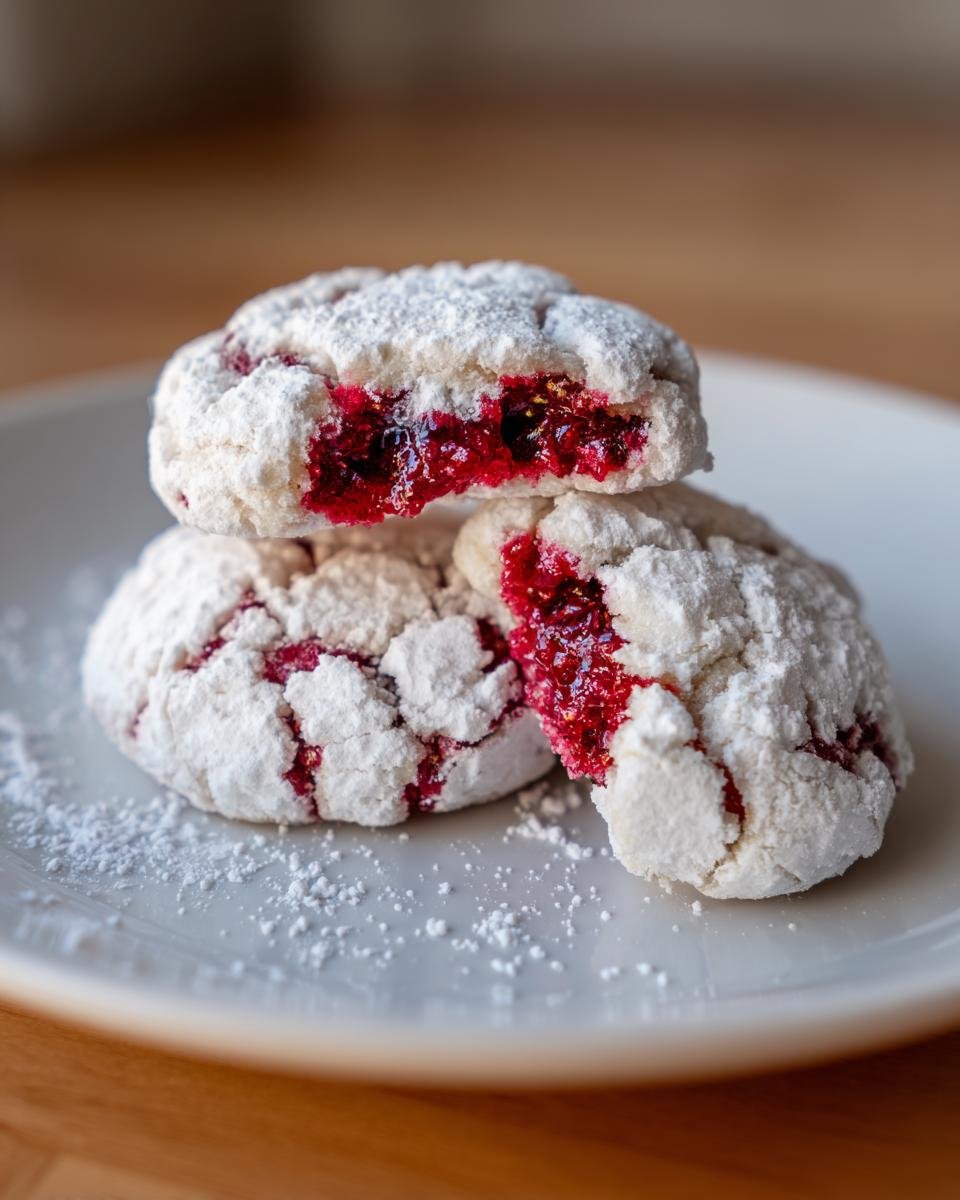 Zwei aufgeschnittene Perfekte Himbeer-Crinkle-Kekse, bedeckt mit Puderzucker, zeigen eine leuchtend rote Himbeerfüllung.