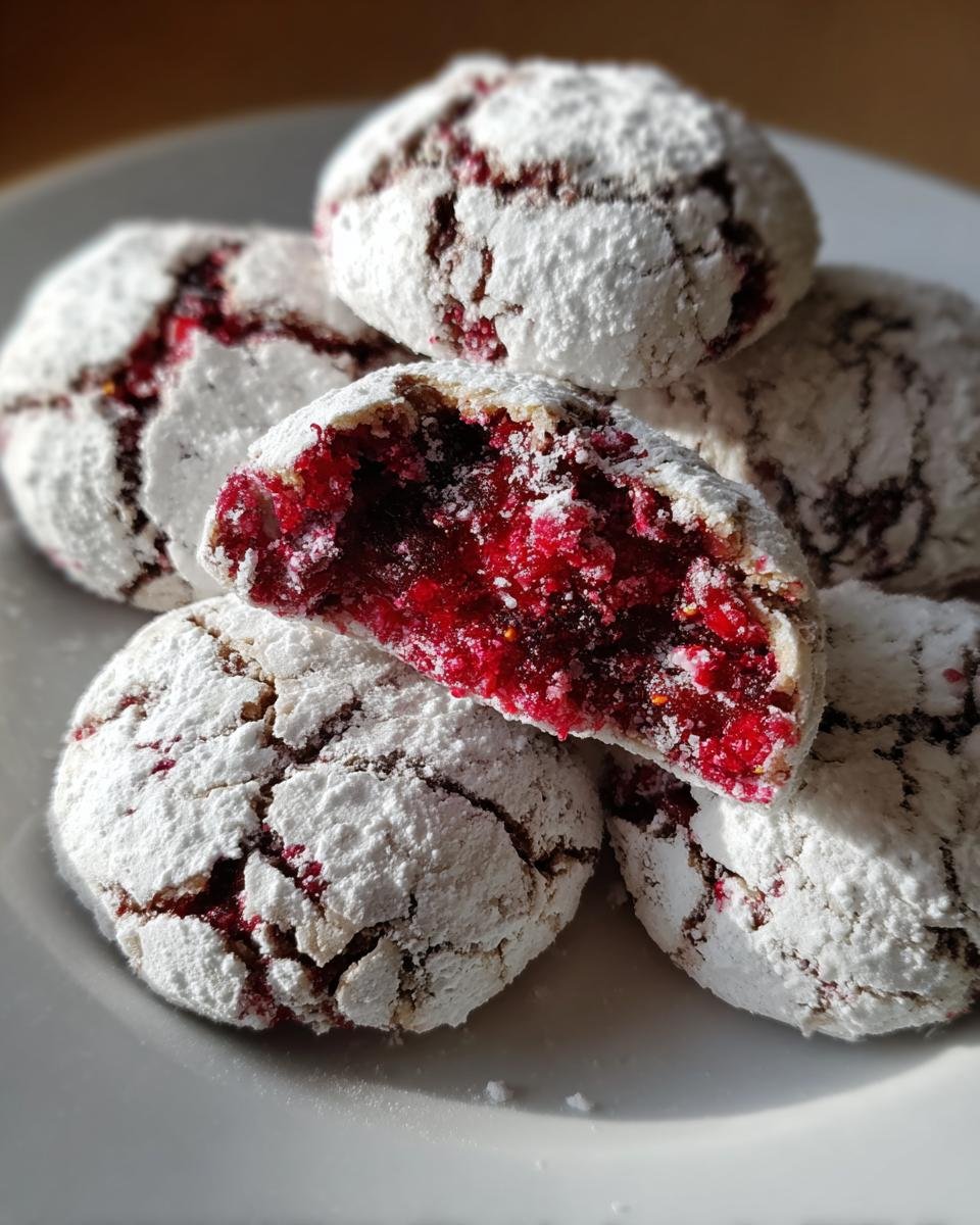 Nahaufnahme von Perfekte Himbeer-Crinkle-Kekse, bedeckt mit Puderzucker, wobei einer halbiert ist und eine leuchtend rote Himbeerfüllung zeigt.