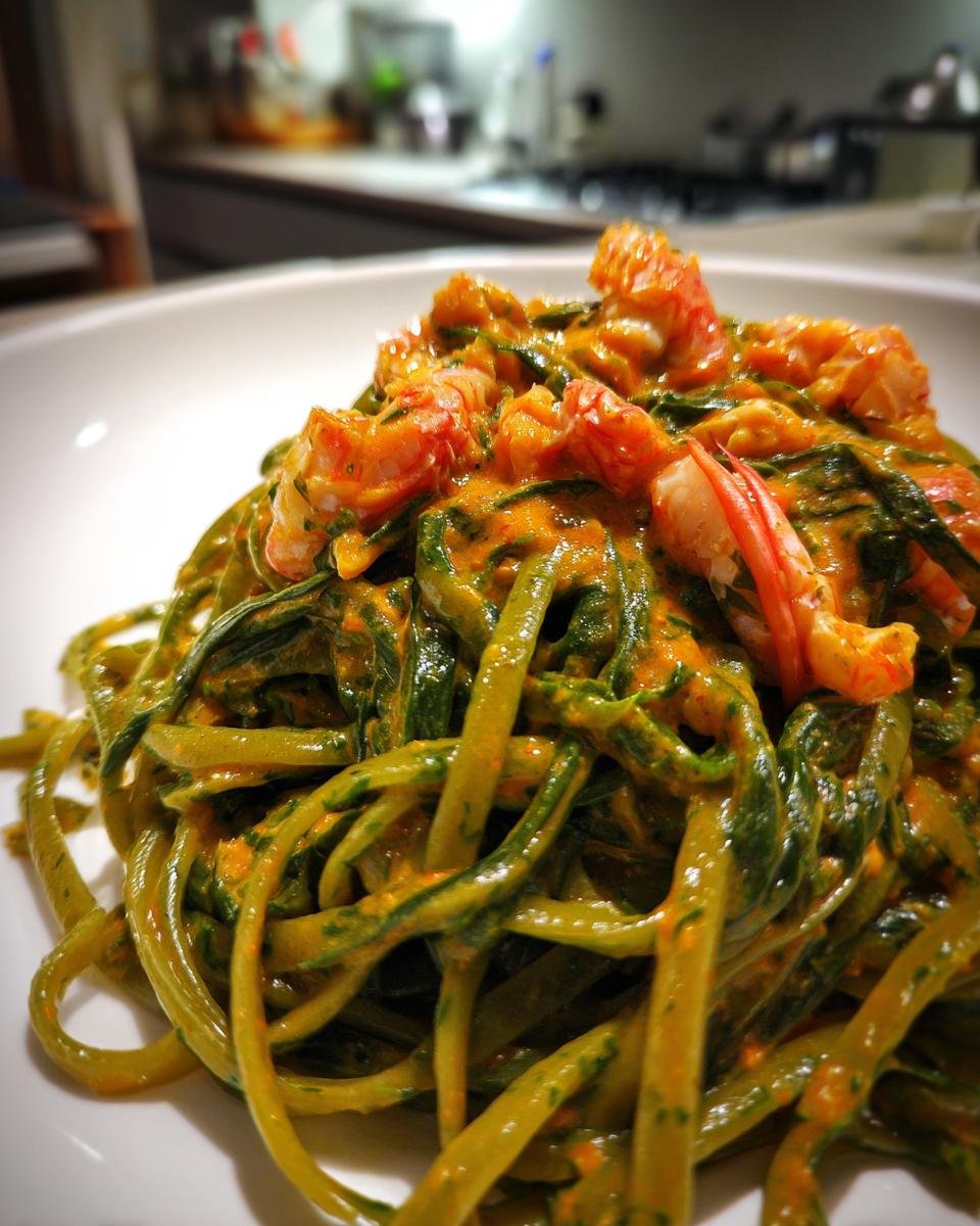 Nahaufnahme von grüner Spinatpasta bedeckt mit Pikante Flusskrebs-Soße und ganzen Flusskrebsen.