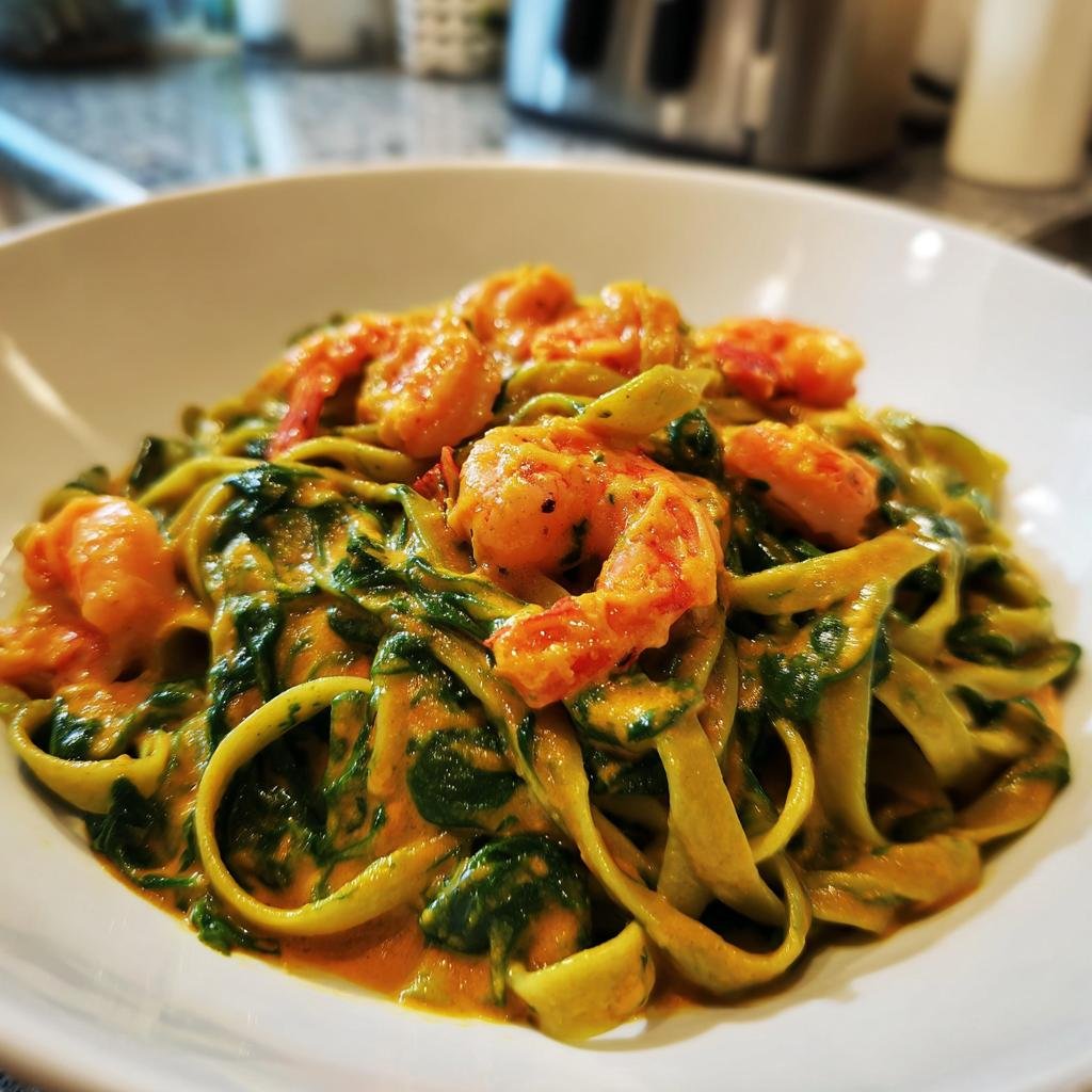 Nahaufnahme von grüner Spinatpasta mit cremiger, oranger Pikante Flusskrebs-Soße und Garnelen in einer weißen Schüssel.