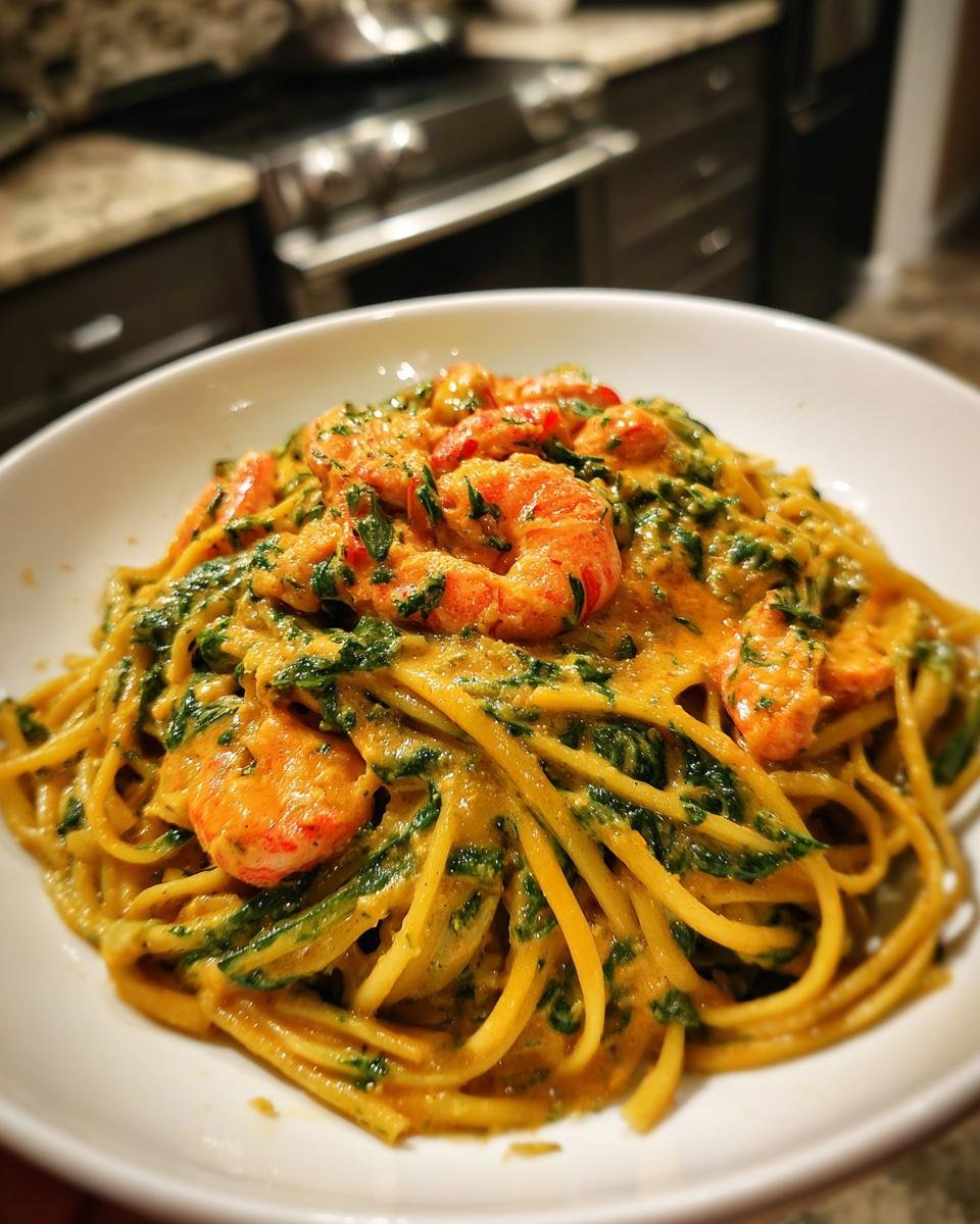 Nahaufnahme von Linguine mit cremiger Pikante Flusskrebs-Soße auf Spinatpasta und ganzen Flusskrebsen.