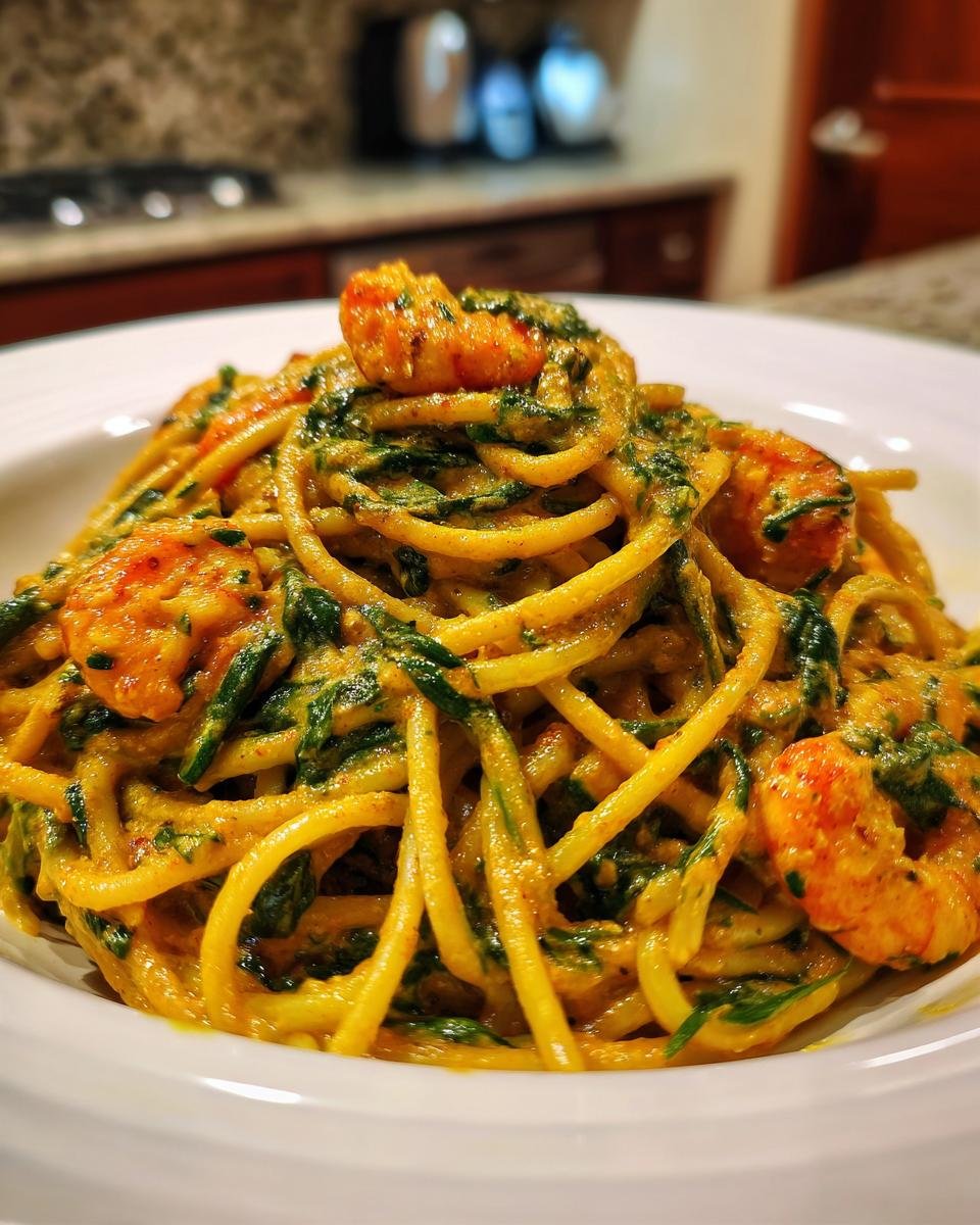 Teller mit cremiger Pikante Flusskrebs-Soße auf Spinatpasta, garniert mit Flusskrebsen.