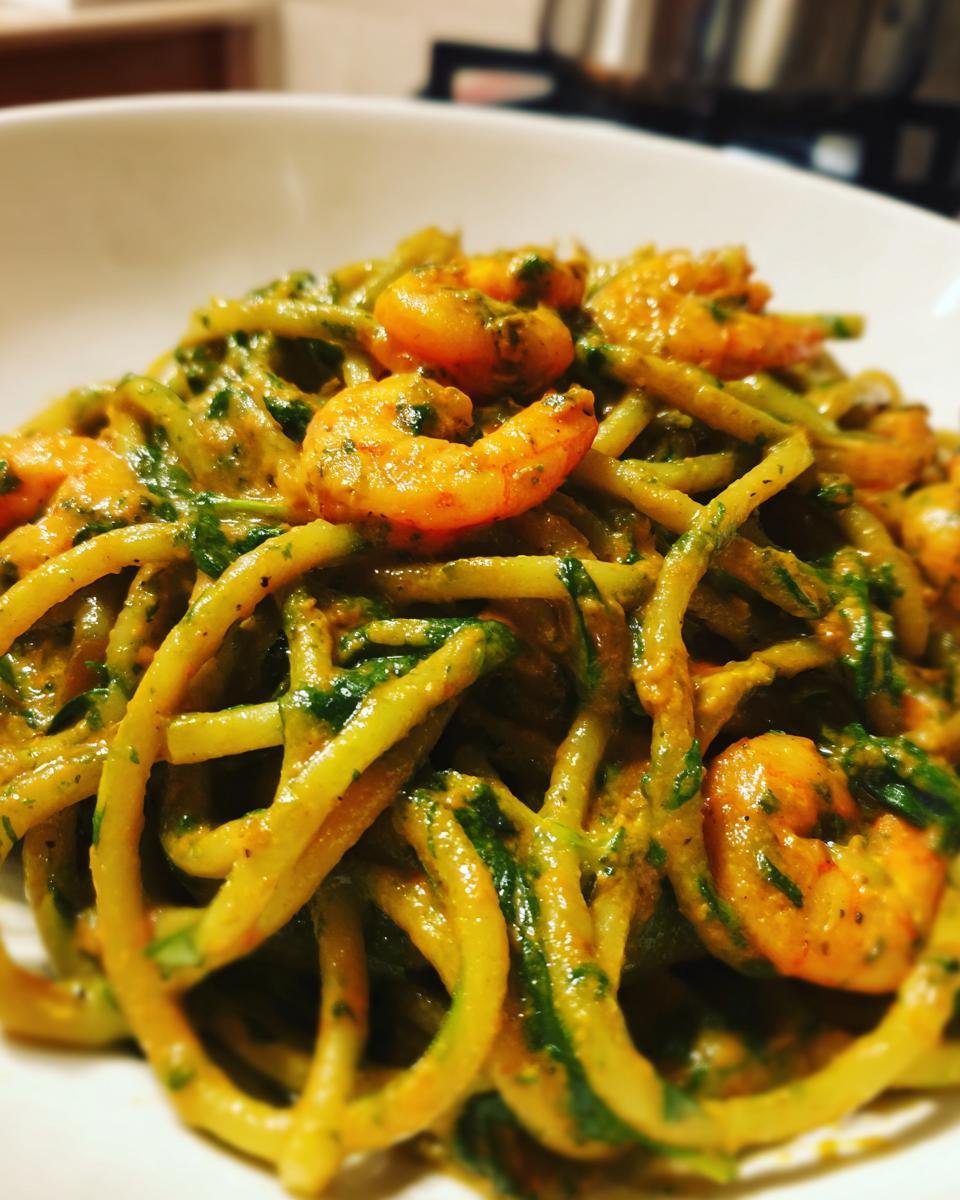 Nahaufnahme von Spinatpasta mit cremiger Pikante Flusskrebs-Soße und Garnelen in einer weißen Schüssel.