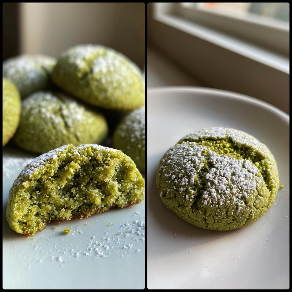 Zwei Bilder von grünen Pistazien-Plätzchen ohne Mehl, eines davon aufgeschnitten, bestäubt mit Puderzucker.