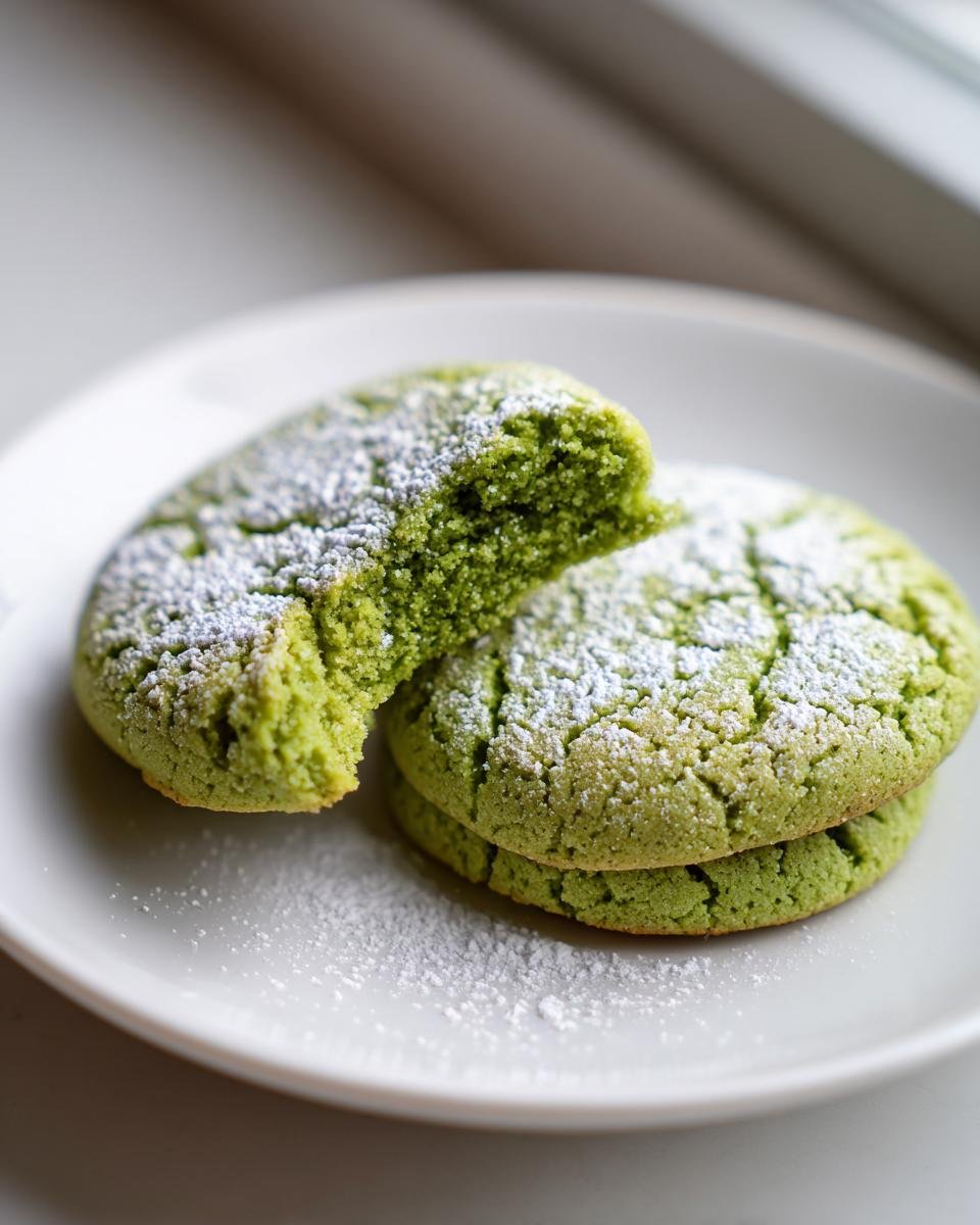 Drei grüne Pistazien-Plätzchen ohne Mehl, bestäubt mit Puderzucker, auf einem weißen Teller.