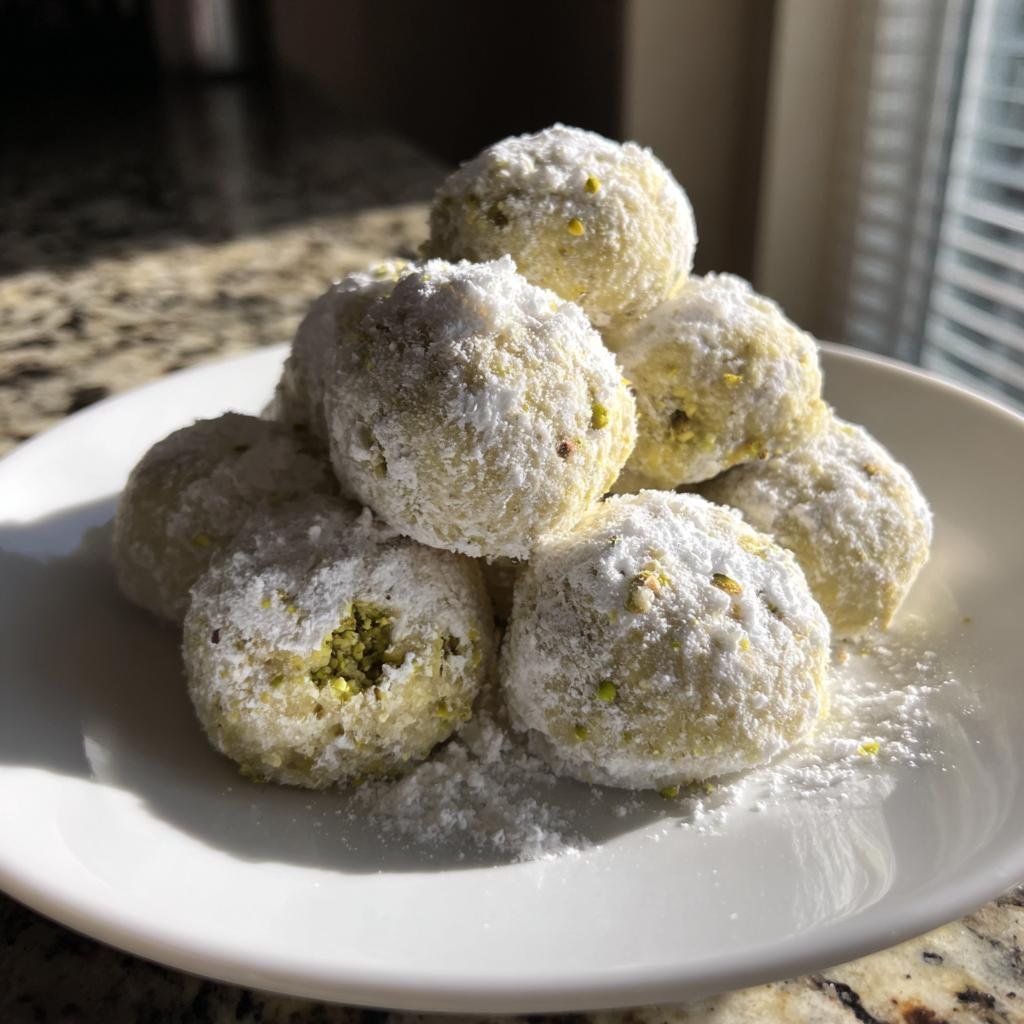 Ein Haufen Pistazien-Schneeballkekse, dick mit Puderzucker bestäubt, auf einem weißen Teller.