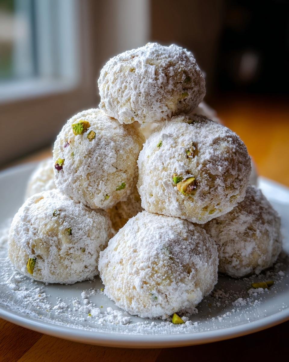 Ein Stapel mürber Pistazien-Schneeballkekse, dick mit Puderzucker bestäubt, auf einem weißen Teller.