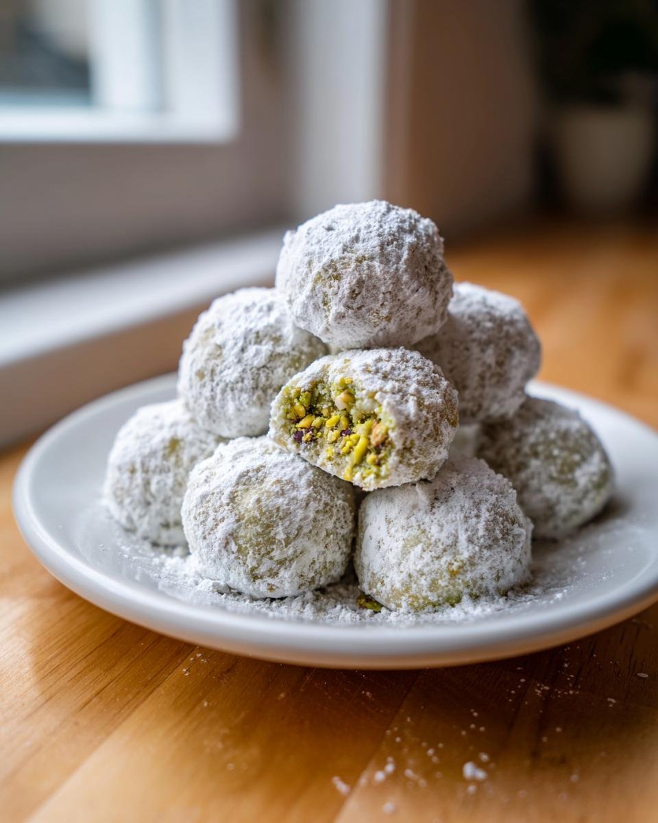 Ein Haufen Pistazien-Schneeballkekse, dick mit Puderzucker bestäubt, auf einem weißen Teller, einer aufgeschnitten, um die Pistazienfüllung zu zeigen.