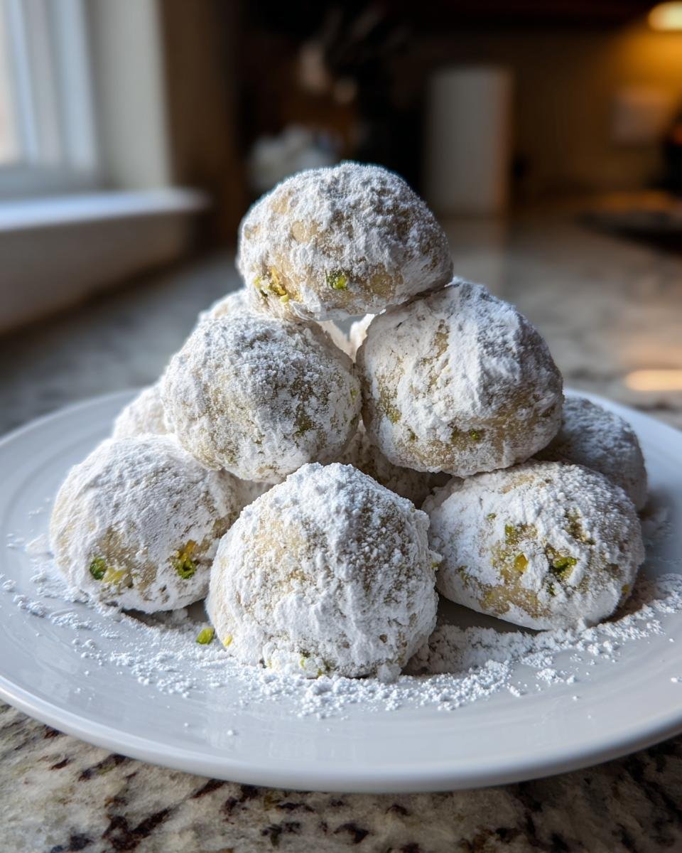 Stapel von Pistazien-Schneeballkekse, dick mit Puderzucker bestäubt, auf einem weißen Teller.