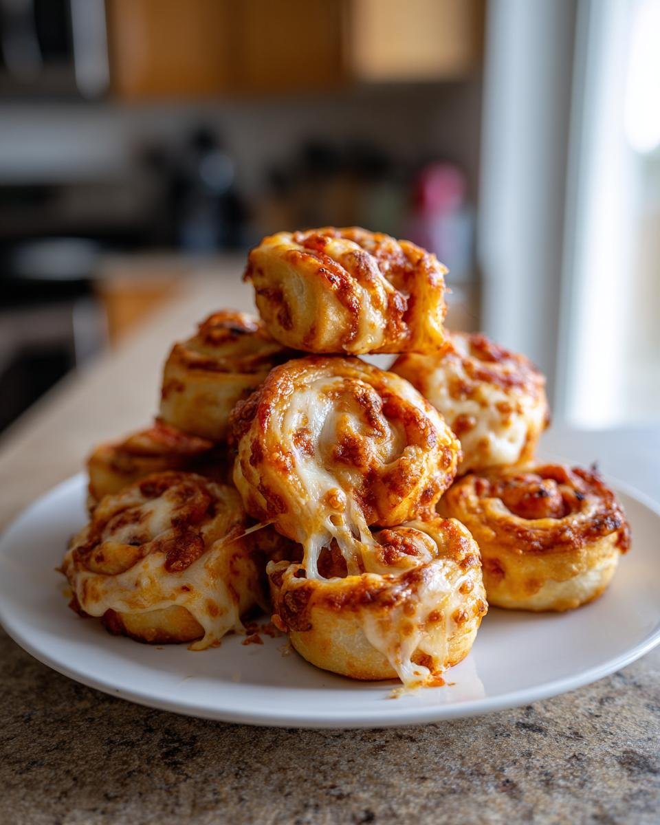 Ein Stapel frisch zubereiteter Pizzarollen aus der Heißluftfritteuse mit geschmolzenem Käse auf einem weißen Teller.
