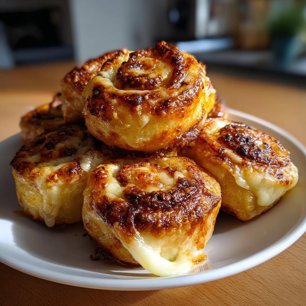 Ein Stapel goldbraun gebackener Pizzarollen aus der Heißluftfritteuse mit geschmolzenem Käse auf einem weißen Teller.