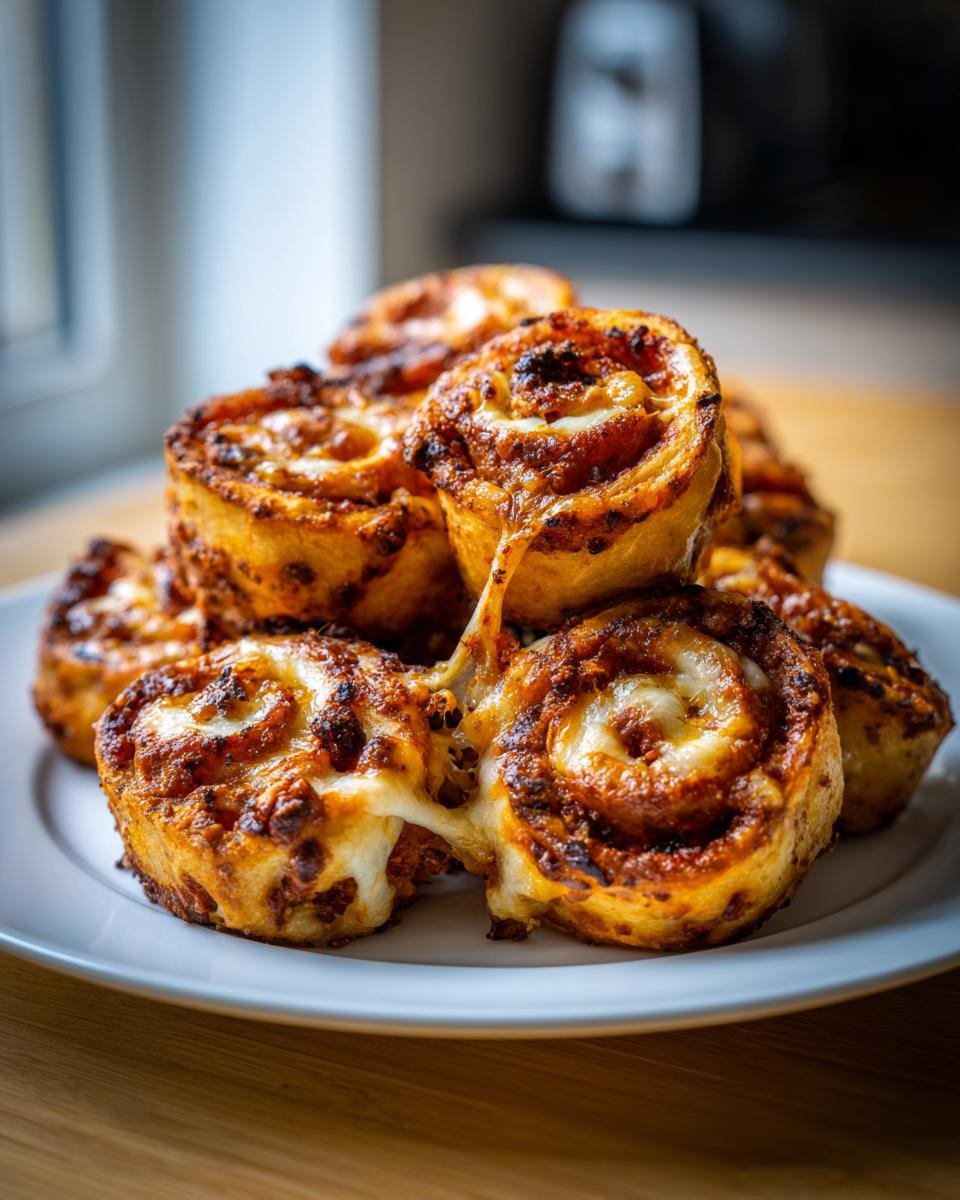 Stapel von knusprigen Pizzarollen aus der Heißluftfritteuse mit geschmolzenem Käse, der zwischen ihnen herauszieht.