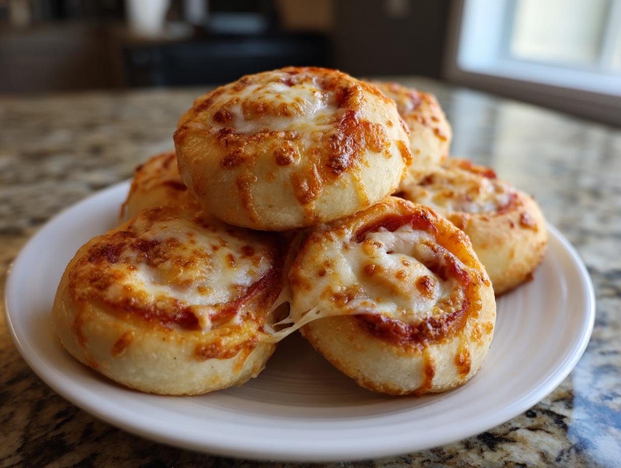 Ein Stapel frisch gebackener Pizzarollen aus der Heißluftfritteuse mit geschmolzenem Käse auf einem weißen Teller.