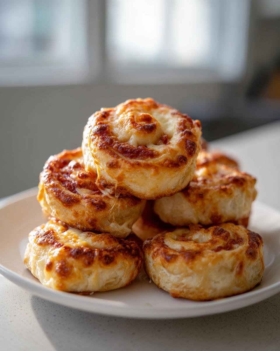 Ein Stapel goldbrauner, knuspriger Pizzarollen aus der Heißluftfritteuse auf einem weißen Teller.