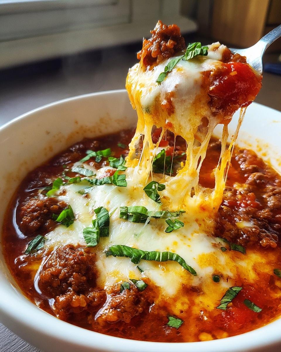 Ein Löffel voller Pizzasuppe mit Hackfleisch, bedeckt mit geschmolzenem Käse, der Fäden zieht.