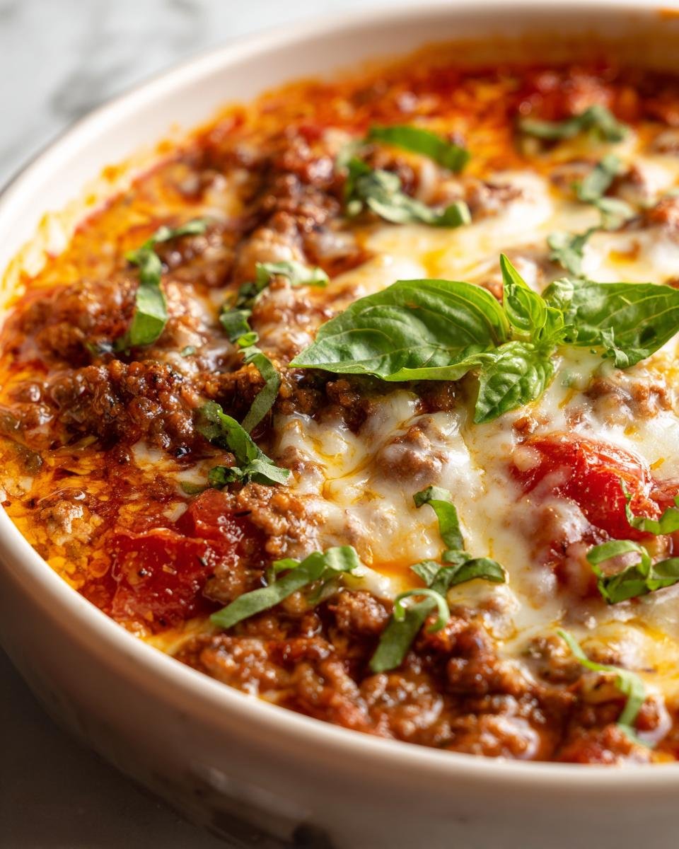 Nahaufnahme der fertigen Pizzasuppe mit Hackfleisch, bedeckt mit geschmolzenem Käse und frischem Basilikum.