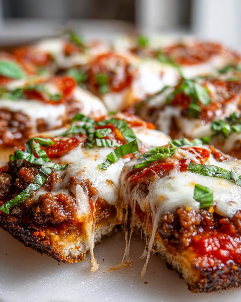 Nahaufnahme von einer Scheibe Pizzasuppe mit Hackfleisch, die mit geschmolzenem Käse und Basilikum belegt ist.