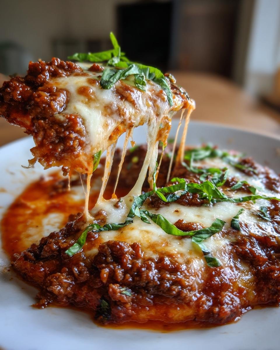 Ein Löffel voller Pizzasuppe mit Hackfleisch wird hochgezogen, wobei der geschmolzene Käse lange Fäden zieht.