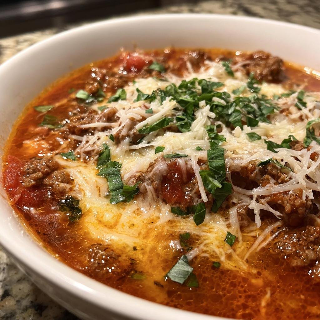 Nahaufnahme einer dampfenden Pizzasuppe mit Hackfleisch, bedeckt mit geschmolzenem Käse und frischen Kräutern.