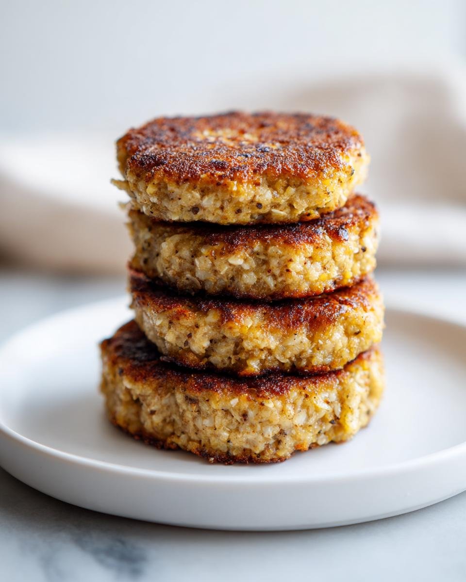 Stapel von vier goldbraun gebratenen Power Quark-Taler mit Haferflocken auf einem weißen Teller.