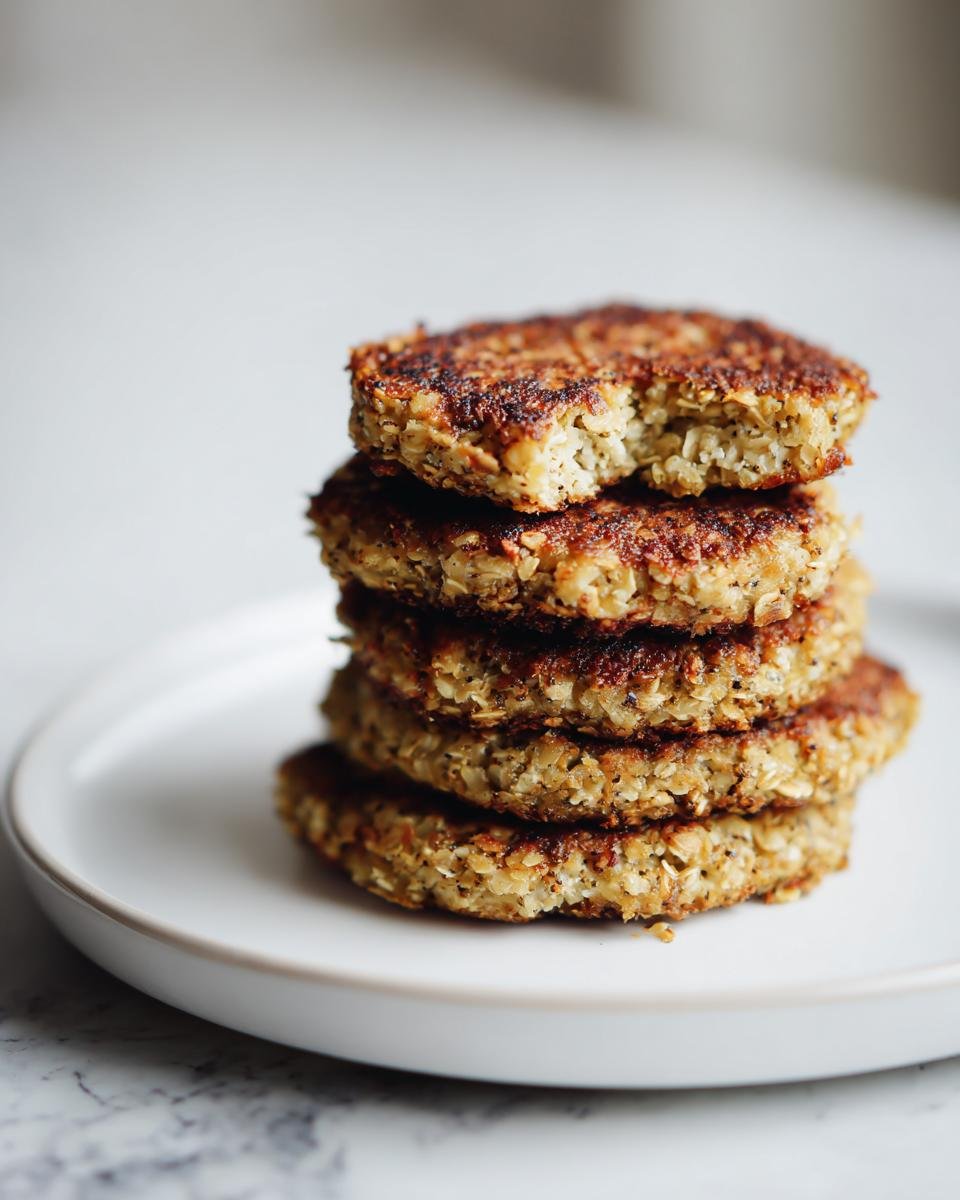 Stapel von fünf gebratenen Power Quark-Taler mit Haferflocken auf einem weißen Teller.