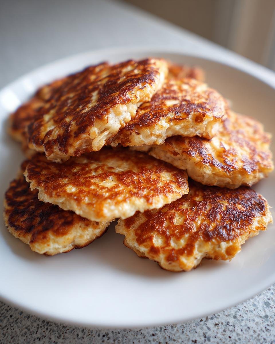 Stapel goldbraun gebratener Power Quark-Taler mit Haferflocken auf einem weißen Teller.