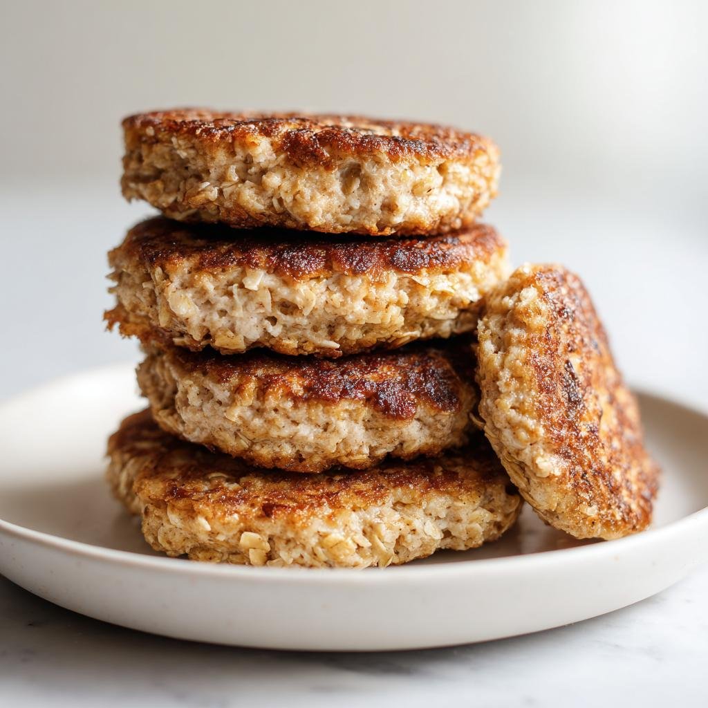 Stapel von vier goldbraun gebratenen Power Quark-Taler mit Haferflocken auf einem weißen Teller.