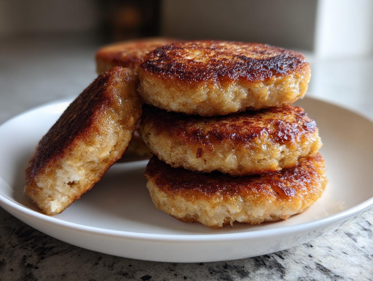 Stapel von vier goldbraun gebratenen Power Quark-Taler mit Haferflocken auf einem weißen Teller.
