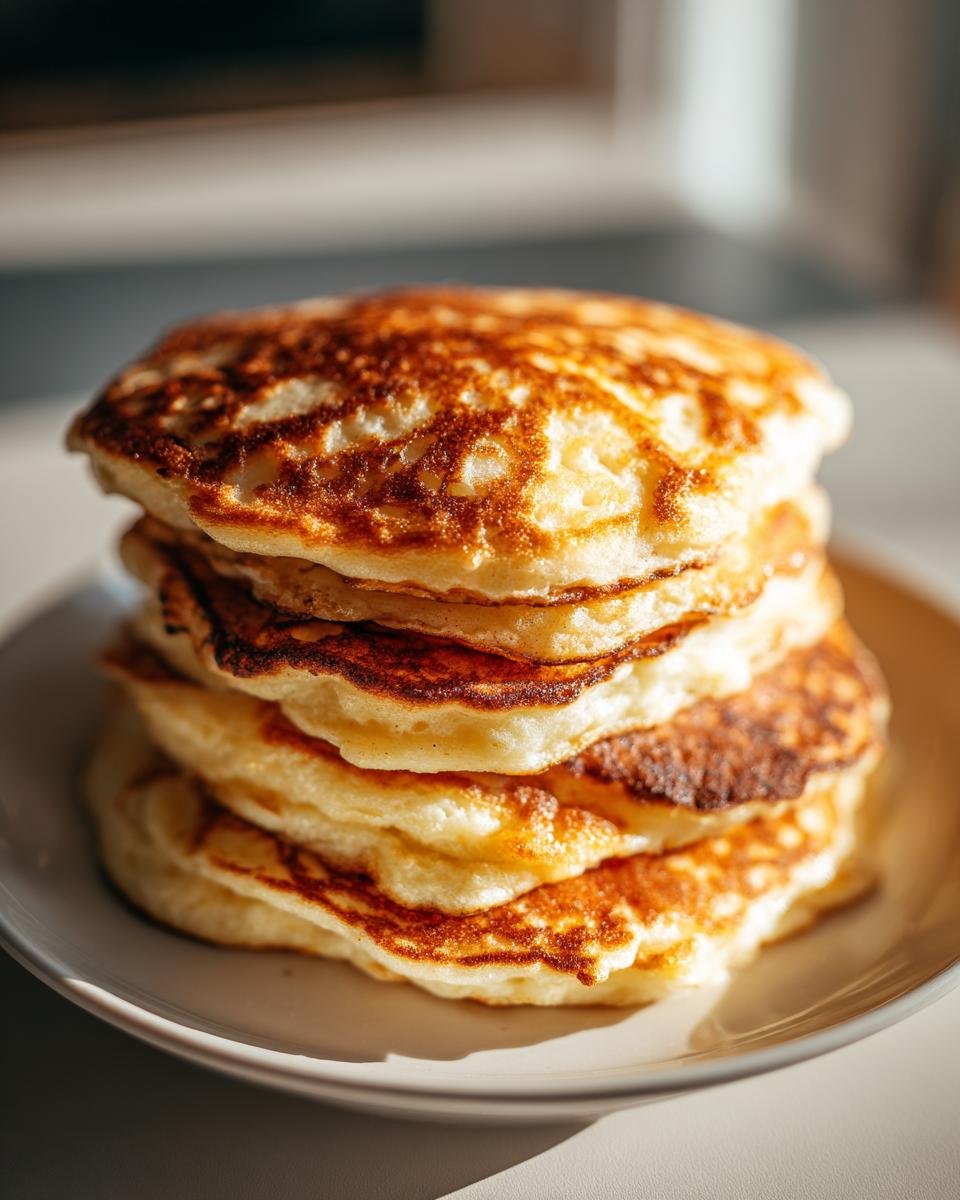 Ein hoher Stapel goldbraun gebratener Quark-Pfannkuchen Ohne Mehl auf einem hellen Teller.