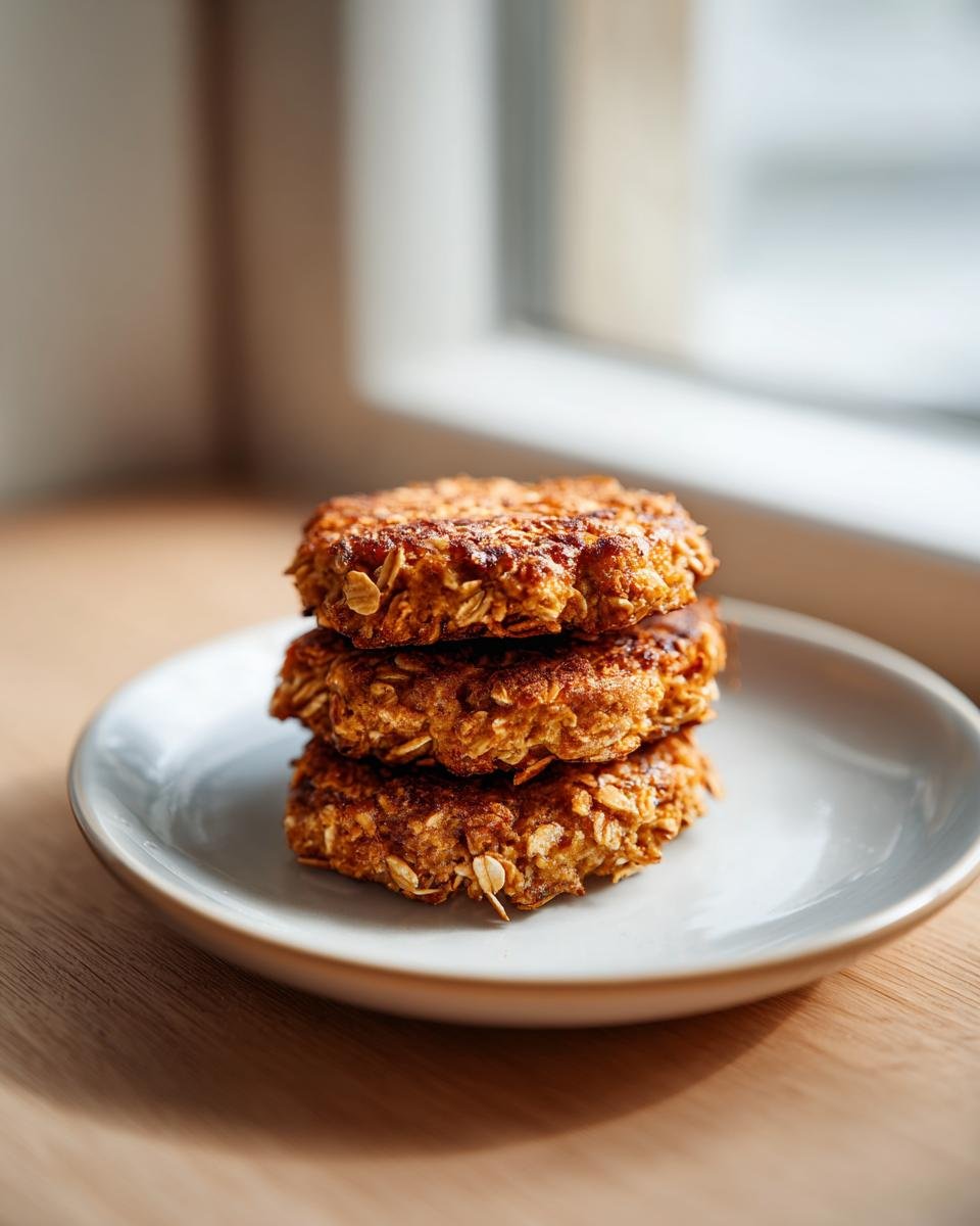 Drei goldbraune Quark-Taler mit Haferflocken sind auf einem kleinen Teller gestapelt.