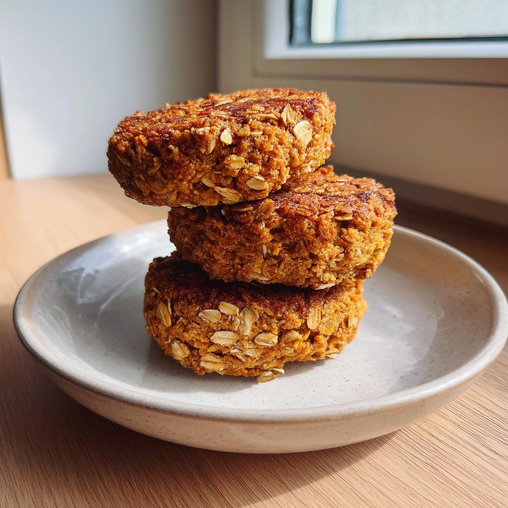Drei goldbraune Quark-Taler mit Haferflocken gestapelt auf einem hellen Teller.