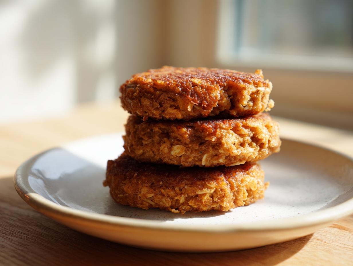 Drei goldbraun gebratene Quark-Taler mit Haferflocken, gestapelt auf einem hellen Teller.