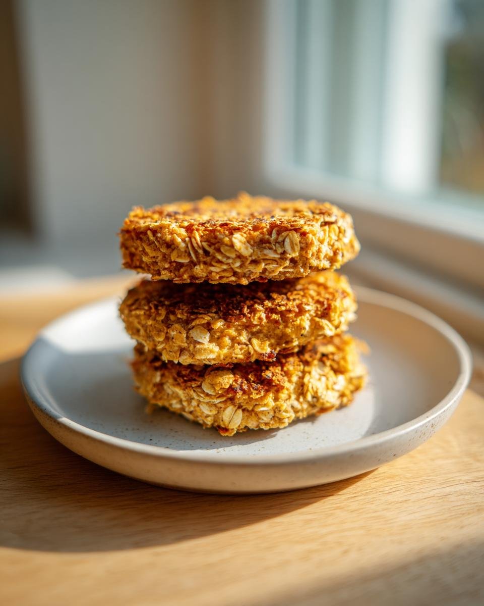 Drei goldbraune Quark-Taler mit Haferflocken gestapelt auf einem hellen Teller.