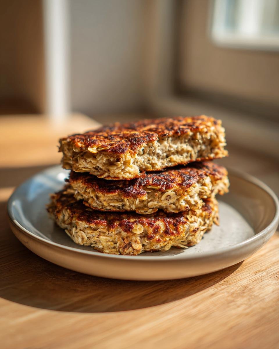 Stapel von drei gebratenen Quark-Taler mit Haferflocken auf einem Teller, ideal für ein gesundes Frühstück.