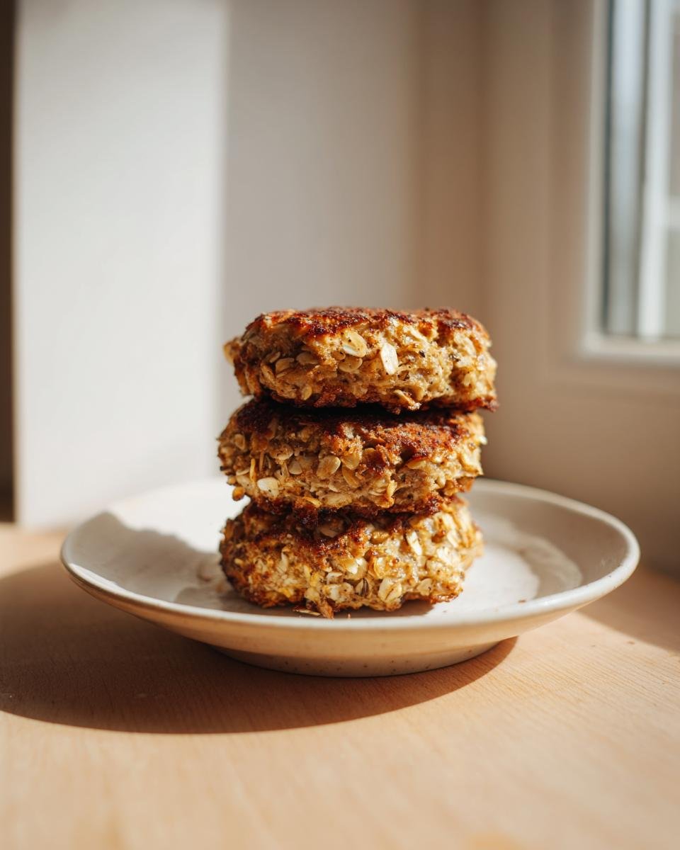 Drei goldbraun gebratene Quark-Taler mit Haferflocken, gestapelt auf einem kleinen Teller.