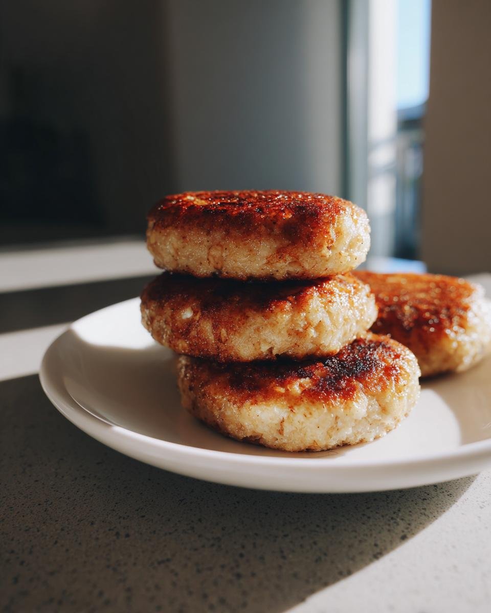 Drei goldbraun gebratene Quarktaler mit Grieß sind auf einem weißen Teller gestapelt.