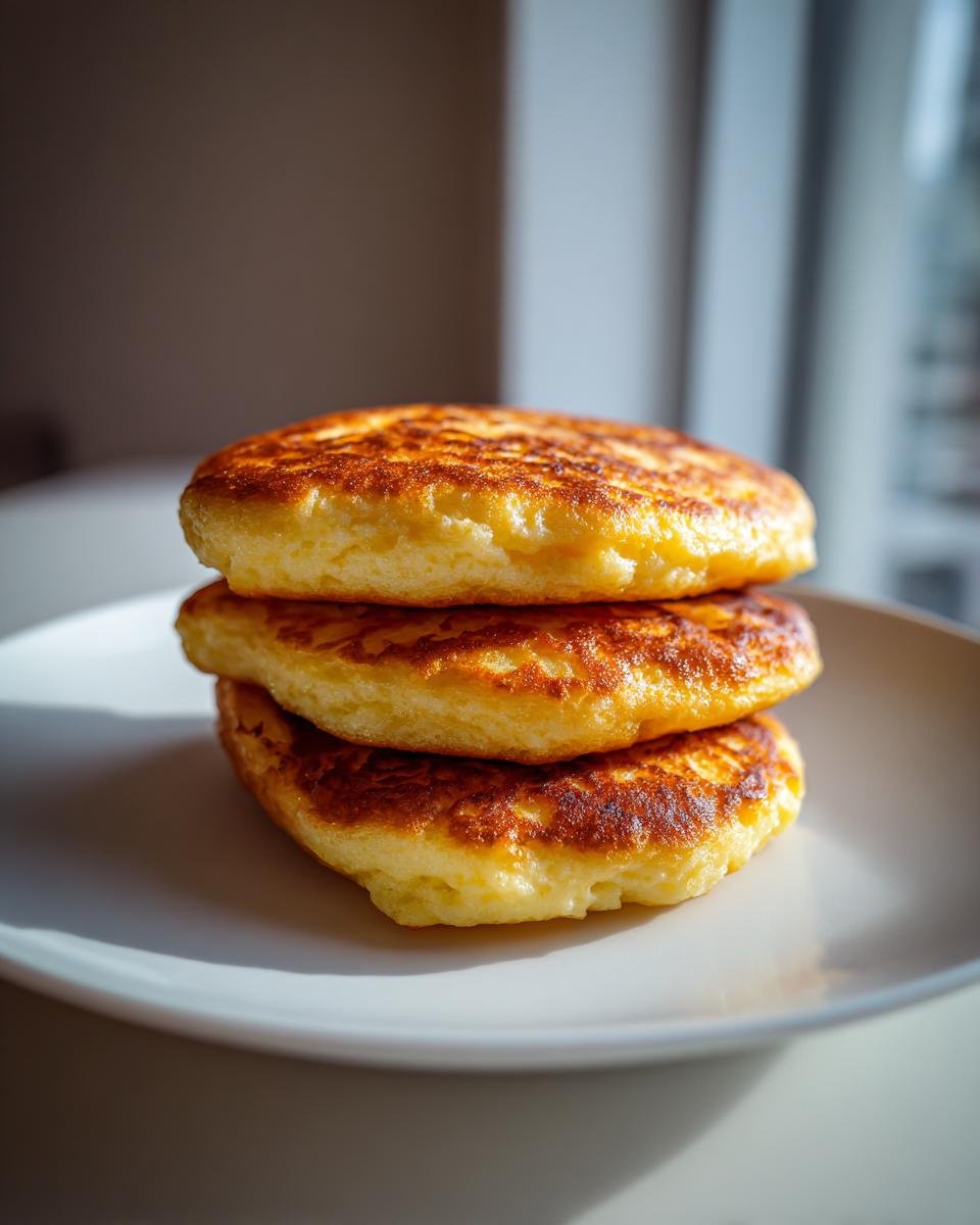 Stapel von drei goldbraun gebratenen Quarktaler mit Grieß auf einem weißen Teller.