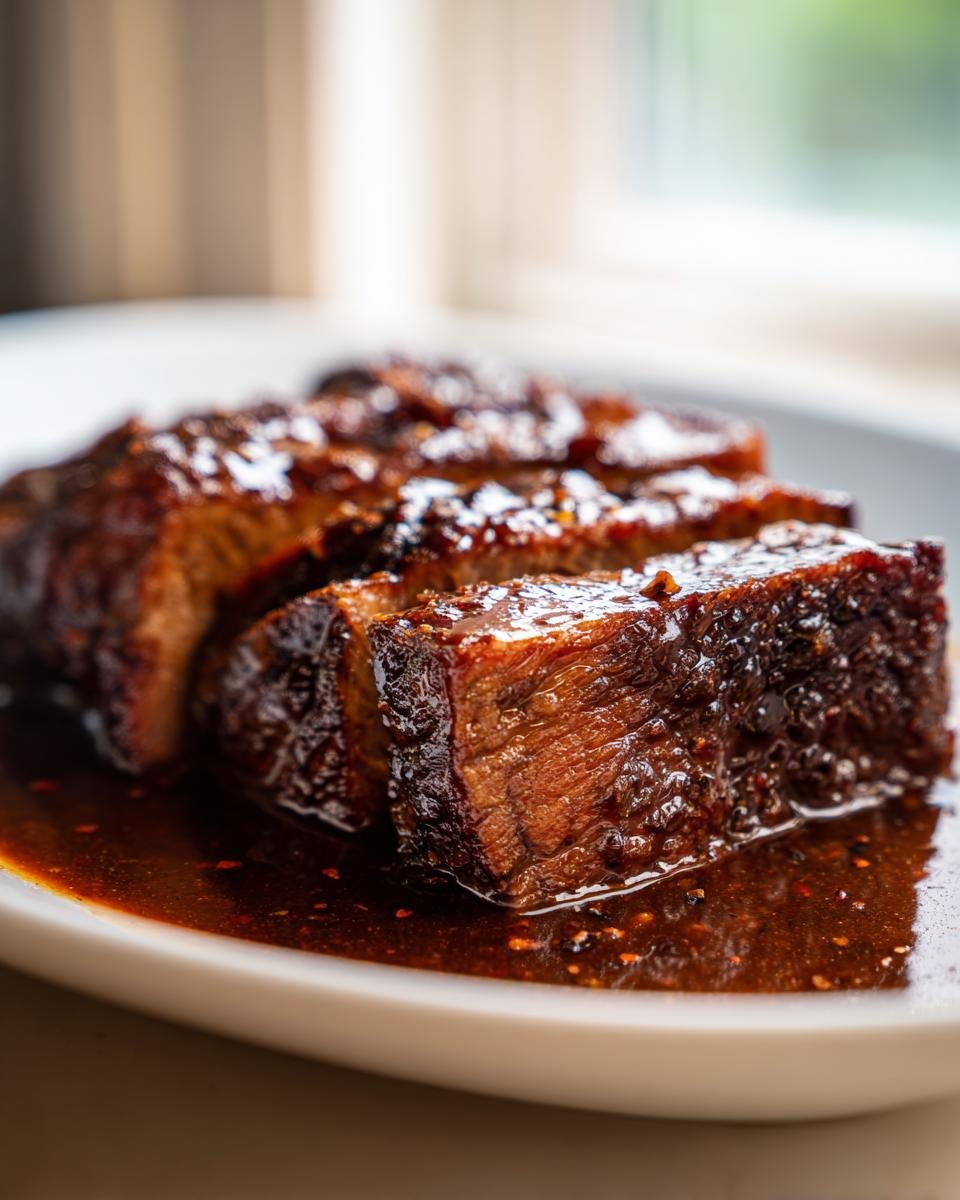 Drei Stücke saftiger Räuberbraten, glasiert und in dunkler Soße auf einem weißen Teller.