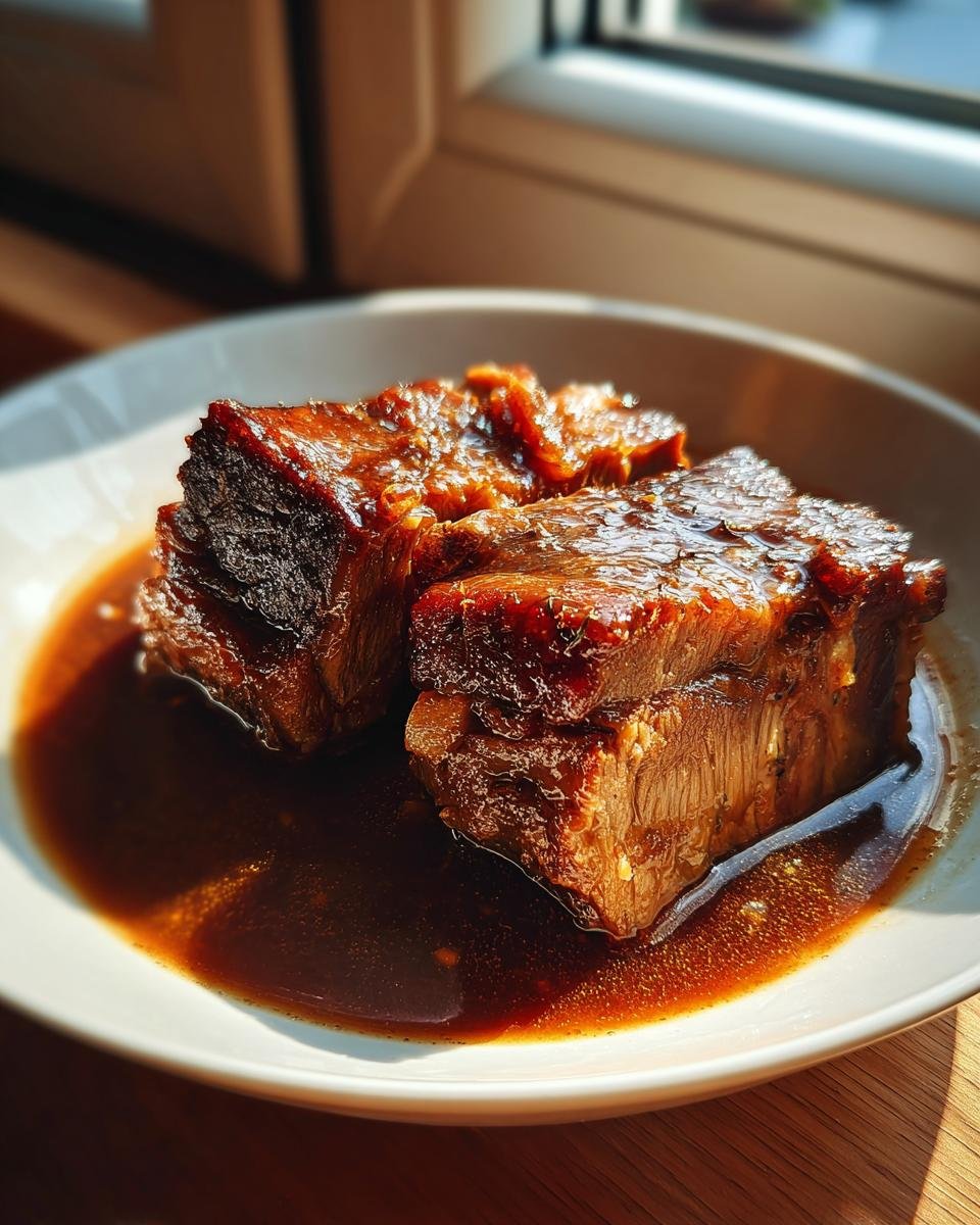 Zwei saftige Stücke Räuberbraten, glänzend in dunkler Soße, auf einem weißen Teller.