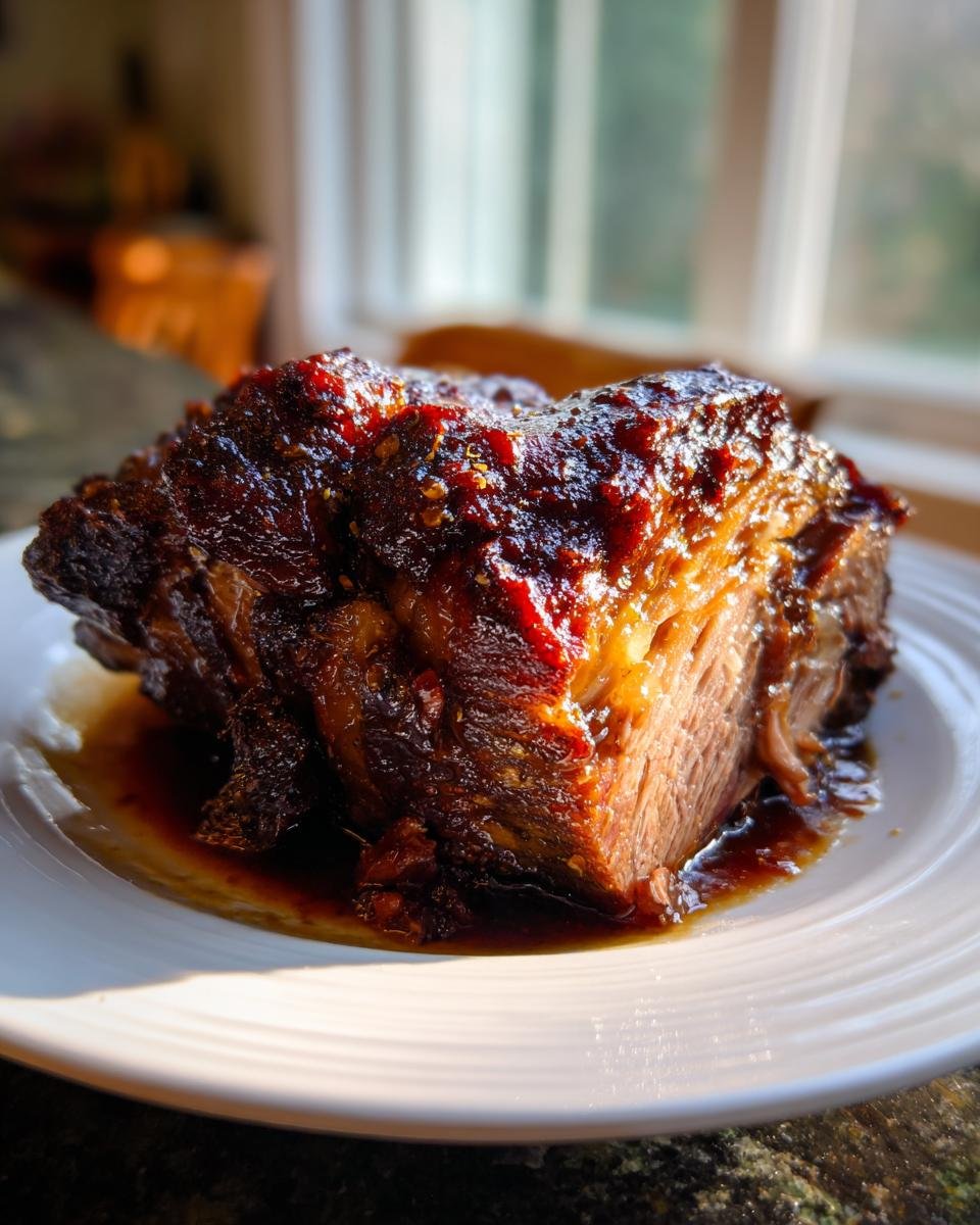 Ein saftiges Stück Räuberbraten mit dunkler, glänzender Kruste auf einem weißen Teller.