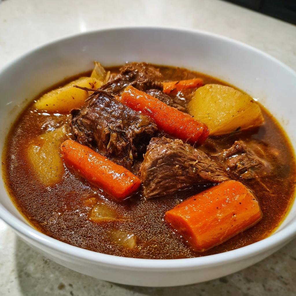 Nahaufnahme von zartem Fleisch und Karottenstücken in dunkler Soße: Räubertopf nach Omas Rezept.