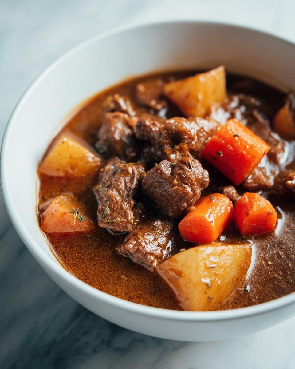 Nahaufnahme von zartem Fleisch und Gemüse in dunkler Soße: Räubertopf nach Omas Rezept in einer weißen Schüssel.