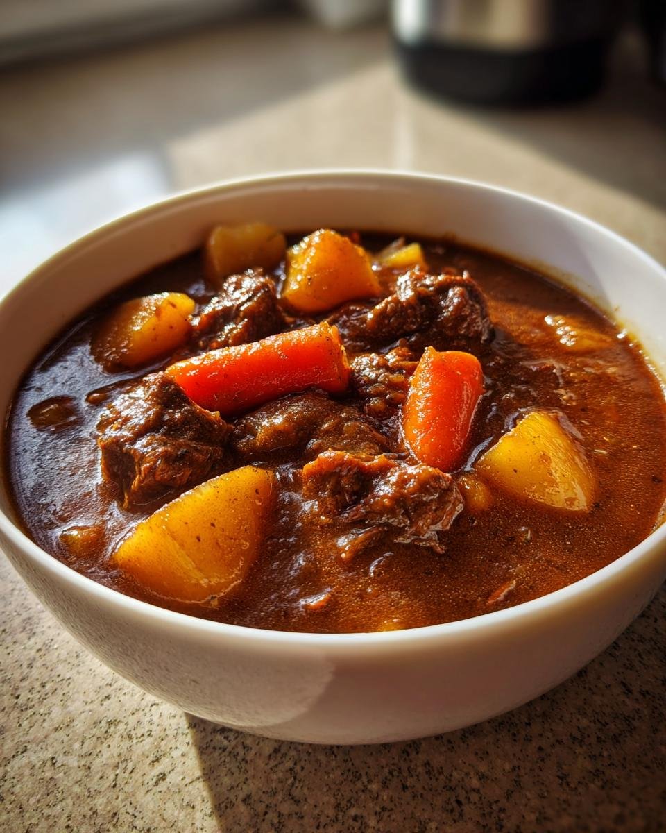 Eine Nahaufnahme von einem weißen Schälchen gefüllt mit herzhaftem Räubertopf nach Omas Rezept, mit Fleischstücken, Kartoffeln und Karotten.