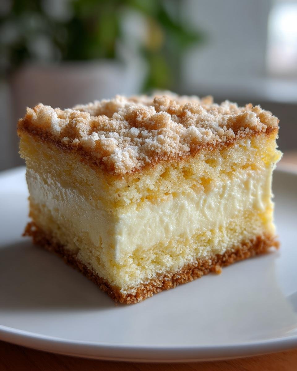 Ein saftiges Stück Rahmkuchen Rezept Der Immer Gelingt mit cremiger Füllung und knusprigen Streuseln auf einem weißen Teller.